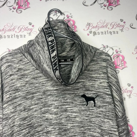 Victoria secret pink pull over hoodie sweater grey logo print neckline cozy - Picture 2 of 6